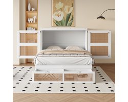 PugsdrlyOpklapbed 140 x 200 cm, wandbed met lattenbodem, opklapbaar wandbed, verticaal opklapbed met lattenbodem, met opberglades, rotan design, houten bedden, kinderbedden, eenpersoonsbedden, wit
