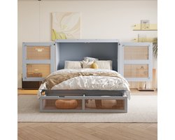 PugsdrlyOpklapbed 140 x 200 cm, wandbed met lattenbodem, opklapbaar wandbed, verticaal opklapbed met lattenbodem, met opberglades, rotan design, houten bedden, bedden voor tieners, eenpersoonsbedden, grijs