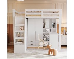 PugsdrlyStapelbed 90*200 cm, met opbergruimte, veiligheidsladder, met opbergruimte, kast, eenpersoonsbed, bed voor tieners, kinderbed, frame van massief hout, wit