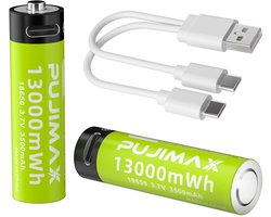PUJIMAX 18650 Oplaadbare Li-Ion Batterij 13000mWh/3500mAh met 2in1 USB Type-C Kabel (2stuks)