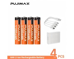 Pujimax AAA 1.5V Oplaadbare Li-ion Batterij 1100mWh Hoge Capaciteit Voor AB, Game Controller, Muis, Speelgoed met USB-C Kabel (4stuks)