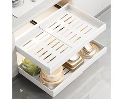 Pull Out Box Organize, Carbon Steel Large Expandable Extendable Drawer Storage Shelves Fixed with Adhesive Nano Tape for Home Kitchen Bathroom Organization, No Drilling Required