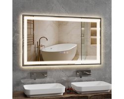 Puluomis Badkamerspiegel - 100x60cm - Rechthoekig Zilver Metalen Frame - LED-verlichting - Tijd- en Temperatuurweergave - Ontwaseming