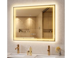 Puluomis Badkamerspiegel - 100x80cm - Rechthoekig Zilver Metalen Frame - LED-verlichting - Tijd- en Temperatuurweergave - Ontwaseming