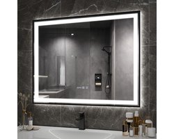 Puluomis Badkamerspiegel - 100x80cm - Rechthoekig Zwart Metalen Frame - LED-verlichting - Tijd- en Temperatuurweergave - Ontwaseming
