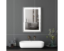 Puluomis Badkamerspiegel - 50x70cm - Rechthoekig Zilver Metalen Frame - LED-verlichting - Tijd- en Temperatuurweergave - Ontwaseming