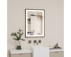 Puluomis Badkamerspiegel - 50x70cm - Rechthoekig Zwart Metalen Frame - LED-verlichting - Tijd- en Temperatuurweergave - Ontwaseming