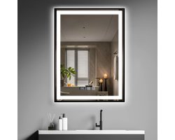 Puluomis Badkamerspiegel - 60x80cm - Rechthoekig Zwart Metalen Frame - LED-verlichting - Tijd- en Temperatuurweergave - Ontwaseming