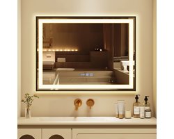 Puluomis Badkamerspiegel - 70x50cm - Rechthoekig Zwart Metalen Frame - LED-verlichting - Tijd- en Temperatuurweergave - Ontwaseming