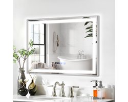 Puluomis Badkamerspiegel - 80x60cm - Rechthoekig Zilver Metalen Frame - LED-verlichting - Tijd- en Temperatuurweergave - Ontwaseming