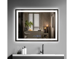 Puluomis Badkamerspiegel - 80x60cm - Rechthoekig Zwart Metalen Frame - LED-verlichting - Tijd- en Temperatuurweergave - Ontwaseming