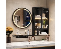 Puluomis - Badkamerspiegelkast - LED verlichting - Wandmodel - 50cm Ronde spiegel - Anti-condens - Glazen kastdeuren