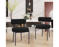 Puluomis Eetkamerstoelen - Set van 2 - Teddy Fleece - Lamsvacht - Metalen poten - Stoelen - Zwart - Gevoerde zitkussens - Gebogen rugleuning