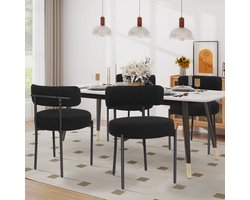 Puluomis Eetkamerstoelen - Set van 4 - Teddy Fleece - Lamsvacht - Metalen poten - Stoelen - Zwart - Gevoerde zitkussens - Gebogen rugleuning