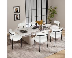 Puluomis Eetkamerstoelen - Set van 6 - Teddy Fleece - Lamsvacht - Metalen poten - Stoelen - Wit - Gevoerde zitkussens - Gebogen rugleuning