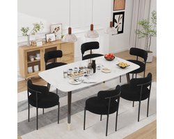 Puluomis Eetkamerstoelen - Set van 6 - Teddy Fleece - Lamsvacht - Metalen poten - Stoelen - Zwart - Gevoerde zitkussens - Gebogen rugleuning