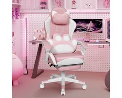 Puluomis - Gaming stoel - Bureaustoel - Katten lendenkussen - Kunstleer - Hoogte verstelbaar - 90°-135° kantelbaar - Wit Roze