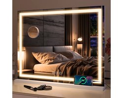 Puluomis Hollywood Spiegel 80x60CM - LED-lichtstrips - Spiegel met verlichting - USB Oplaadpoort - 10x Vergroting - 3 lichtstanden - Dimbaar - Smart Touch