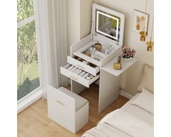 Puluomis - Kaptafel - LED Spiegel - Nachtkast - Krukje – Compacte Make-up Tafel – Wit – 133 x 50 x45 cm