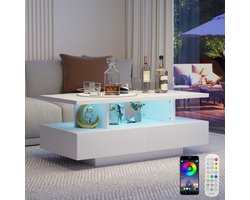Puluomis Salontafel - Stijlvolle bijzettafel met 2 lades - LED Verlichting - 105x50x41.5 cm - Koffietafel voor woonkamer - Wit