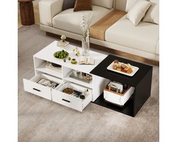 Puluomis - Salontafel - Woonkamertafel - Uitschuifbaar tafelblad - Zwart en wit - 2 lades