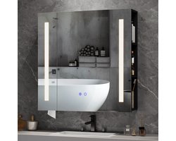 Puluomis Spiegelkast met LED-verlichting - Anticondensatie - Medicijnkast- Badkamerkast - Zwart - 70x70cm