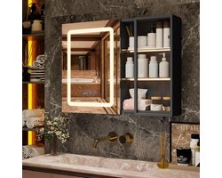 Puluomis Spiegelkast met Verlichting - 80*60cm - Anti Condens - Badkamerkast - 3-kleurenlicht - Glazen scheidingswand - Zwart