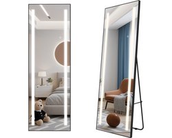 Puluomis - Staande Passpiegel - LED-verlichting - Minimalistische Design Wandspiegel - 50 x 150 cm Zwart - Aluminium Frame HD Mirror - Kleedkamer Spiegel - Metalen Rand