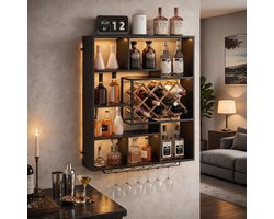 Puluomis Wijnrek - Wandschap - met RGB-verlichting - Houten wijnrek - Wijnglazenhouder - 77x16,5x97 cm (LxBxH) - Zwart