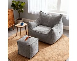 Puluomis - XXL Zitzak sofa - Fauteuil met Poef - Fleece - Sponsvulling - 100x95x65cm - Grijs
