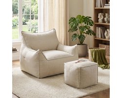 Puluomis - Zitzak sofa - Fauteuil met Poef - Fleece - Sponsvulling - 100x95x65cm - Beige