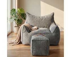 Puluomis - Zitzak sofa - Fauteuil met Poef - Fleece - Sponsvulling - 100x95x65cm - Grijs