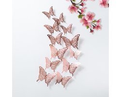 PULUZ 1 Pakket 12 Stuks 3D Laser Vlinder Wandstickers - Groot Midden Klein - Roségoud - PVC Zelfklevend - Modern Muur Decoratie