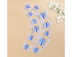 PULUZ 1 Pakket 12 Stuks 3D Laser Vlinder Wandstickers - Groot Midden Klein - Wit + Blauw - PVC Zelfklevend - Modern Muur Decoratie