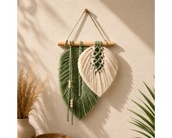 Pure Bali Living | Macramé Wanddecoratie Bladeren | Boho Wandhanger | Groen & Crème | Handgemaakt