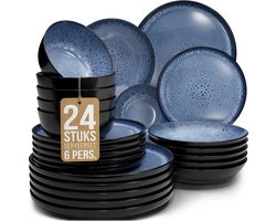 Pure Living 24-Delig Serviesset - 6 Personen - Diepblauw - Aardewerk - Vaatwasserbestendig - Magnetronbestendig - Ibiza Dark
