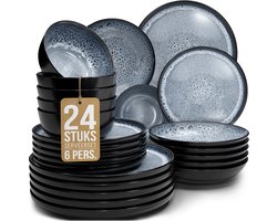 Pure Living Ibiza Dark Serviesset 6 persoons - 24-delig - Blauw (Rookblauw) - Aardewerk - Magnetron & Vaatwasserbestendig