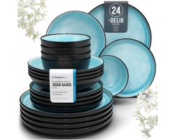 PURE LIVING INTERIOR DESIGN Steingut Servies 24-delig voor 6 Personen - Mediterrane Tafelset in Aquamarin en Matt-Zwart - Schalen en Borden Set