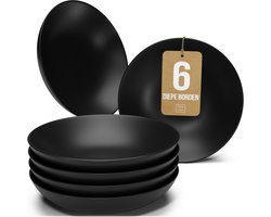Pure Living Manhattan Diepe Borden - Mat Zwart - Set van 6 (Ø 20 cm) - 6 Persoons - Krasbestendig Aardewerk - Oven, Magnetron & Vaatwasserbestendig