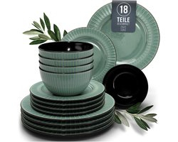 Pure Living Ribbed 18-Delig Serviesset - Groen - 6 Persoons - Geribbelde Structuur - Vaatwasserbestendig