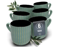 Pure Living Ribbed Koffiemokken - Groen - 6 Stuks (435 ml) - Magnetron & Vaatwasserbestendig