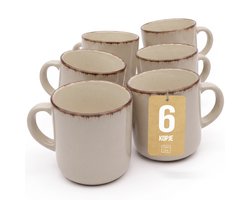 Pure Living Rustic Koffiekopjes - Beige - Set Van 6 (350 ml) - Massief Aardewerk - Landelijk Design - Magnetron & Vaatwasserbestendig