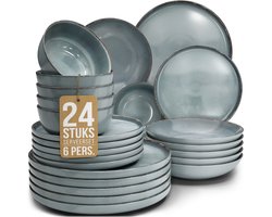 Pure Living Rustic Serviesset 6 persoons - 24-delig - Blauw (Rookblauw) - Massief Aardewerk - Landelijk design - Magnetron & Vaatwasserbestendig