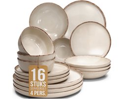 Pure Living Rustic Serviesset - Beige - 16-Delig Voor 4 Personen - Massief Aardewerk - Landelijk Design - Magnetron & Vaatwasserbestendig