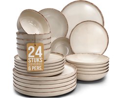 Pure Living Rustic Serviesset - Beige - 24-Delig Voor 6 Personen - Massief Aardewerk - Landelijk Design - Magnetron & Vaatwasserbestendig