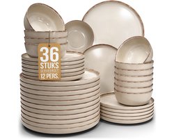 Pure Living Rustic Serviesset - Beige - 36-Delig Voor 12 Personen - Massief Aardewerk - Landelijk Design - Magnetron & Vaatwasserbestendig