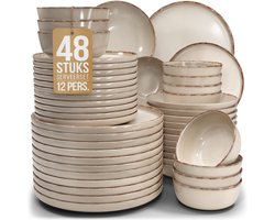 Pure Living Rustic Serviesset - Beige - 48-Delig Voor 12 Personen - Massief Aardewerk - Landelijk Design - Magnetron & Vaatwasserbestendig
