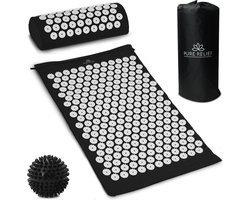 Pure Relief - Spijkermat Set met Speciaal Kussen Acupressuur met Acupunctuur Drukpunten Massagemat - 64cm bij 42cm - Zwart XL inclusief Spijkerbal