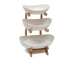 Pure17 3-Laags Fruitschaal Wit – Serveertoren met Bamboe Houten Standaard – Fruit Etagère – Groente- en Snackmand – Porselein – Ruimtebesparende Keuken Organizer – Voor Thuis, Feestjes en Cafés