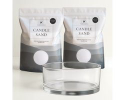 PureCandle Kaarsenzand Cadeauset – Wit Kaarsenzand 900g + 60 Lonten – Glazen Schaal Clara Ø20 cm - Poederkaars Navulset & Kaarsendecoratie - Kaarszand starterpakket - Kaars parels